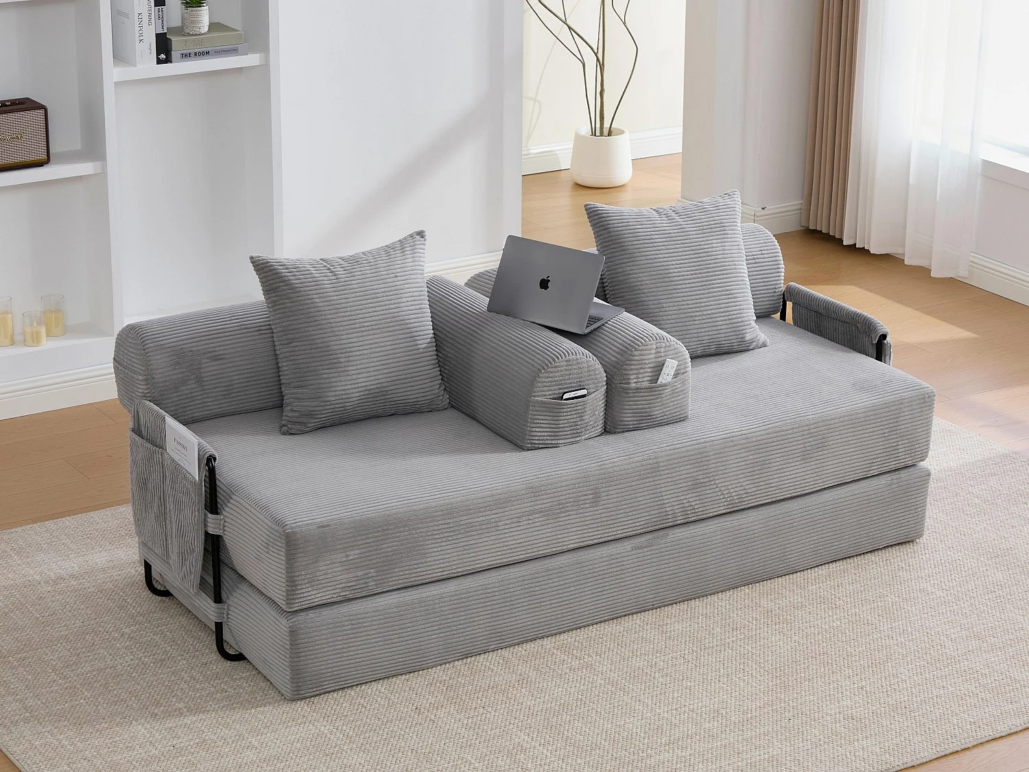 kaleido 2.0 - Canapé Modulable en Velours Côtelé - Cadre Métallique Externe - Poches de Rangement et 3 Coussins Inclus - Gris Clair - Idéal pour Salon, Appartement