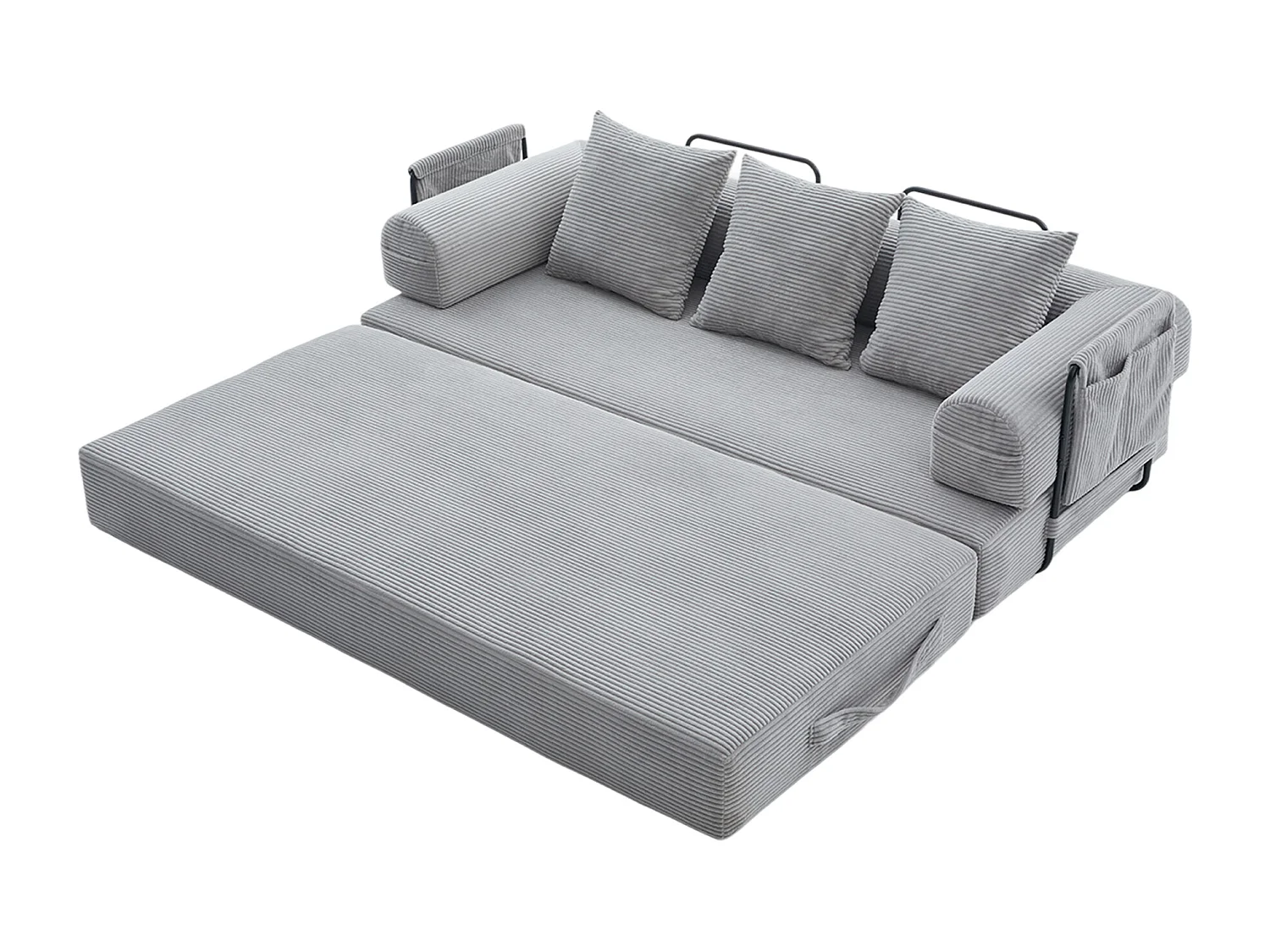 kaleido 2.0 - Canapé Modulable en Velours Côtelé - Cadre Métallique Externe - Poches de Rangement et 3 Coussins Inclus - Gris Clair - Idéal pour Salon, Appartement