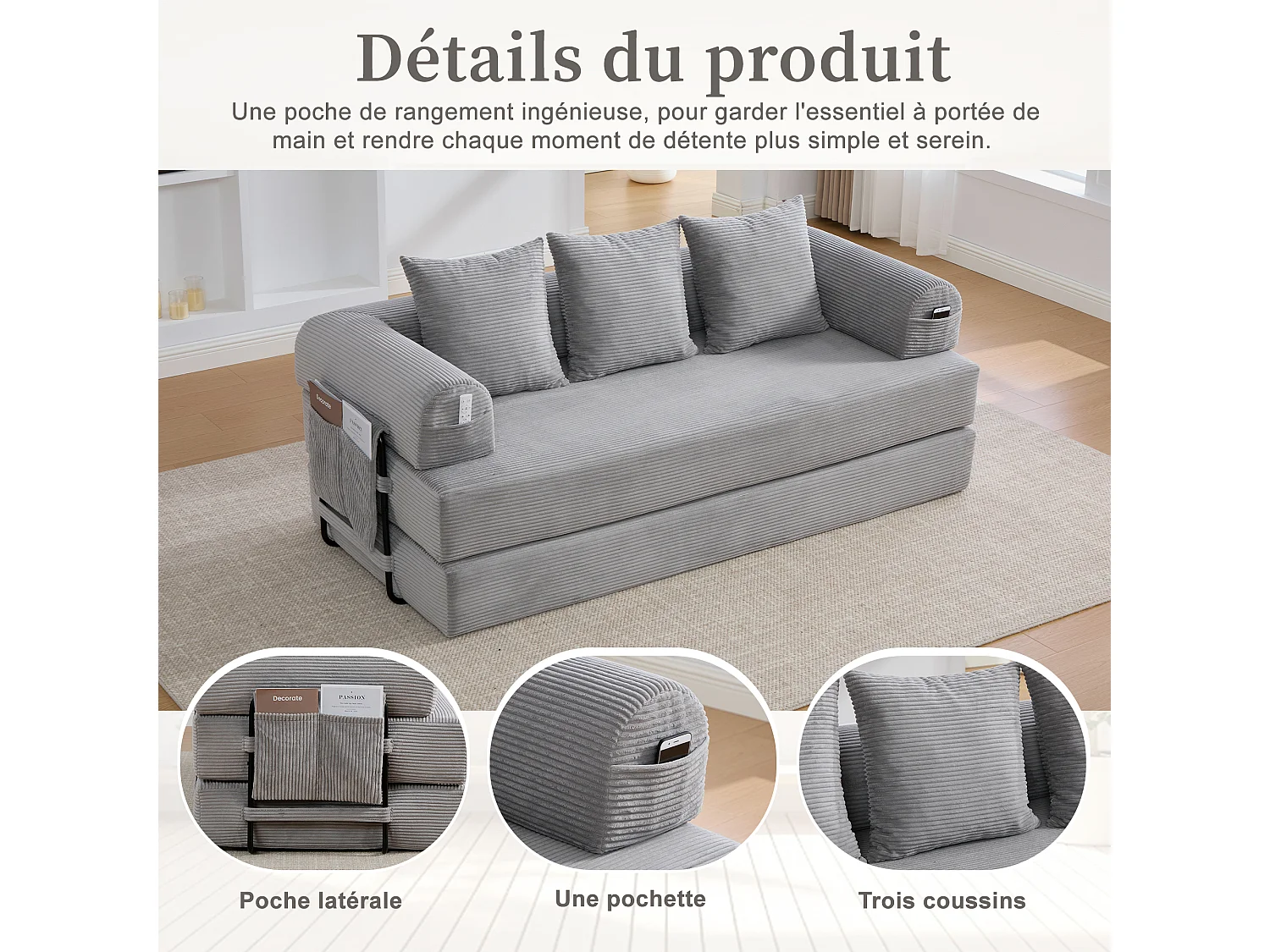 kaleido 2.0 - Canapé Modulable en Velours Côtelé - Cadre Métallique Externe - Poches de Rangement et 3 Coussins Inclus - Gris Clair - Idéal pour Salon, Appartement