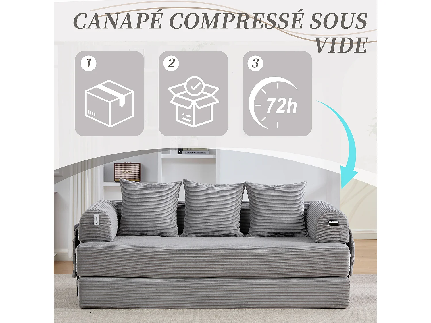 kaleido 2.0 - Canapé Modulable en Velours Côtelé - Cadre Métallique Externe - Poches de Rangement et 3 Coussins Inclus - Gris Clair - Idéal pour Salon, Appartement