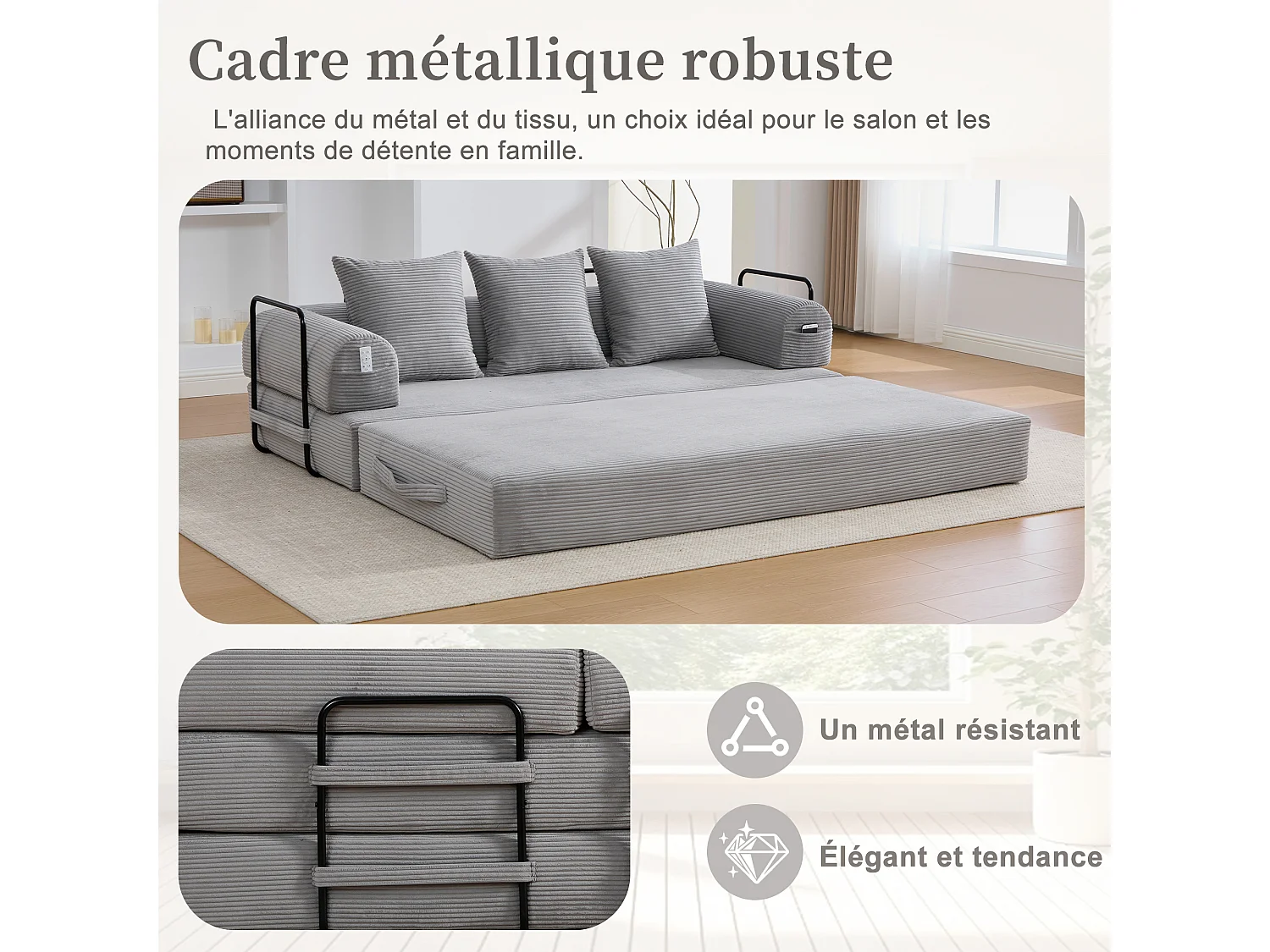 kaleido 2.0 - Canapé Modulable en Velours Côtelé - Cadre Métallique Externe - Poches de Rangement et 3 Coussins Inclus - Gris Clair - Idéal pour Salon, Appartement