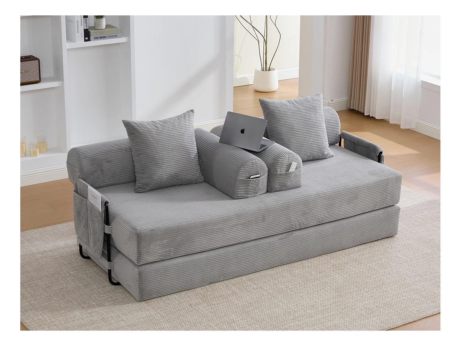 kaleido 2.0 - Canapé Modulable en Velours Côtelé - Cadre Métallique Externe - Poches de Rangement et 3 Coussins Inclus - Gris Clair - Idéal pour Salon, Appartement