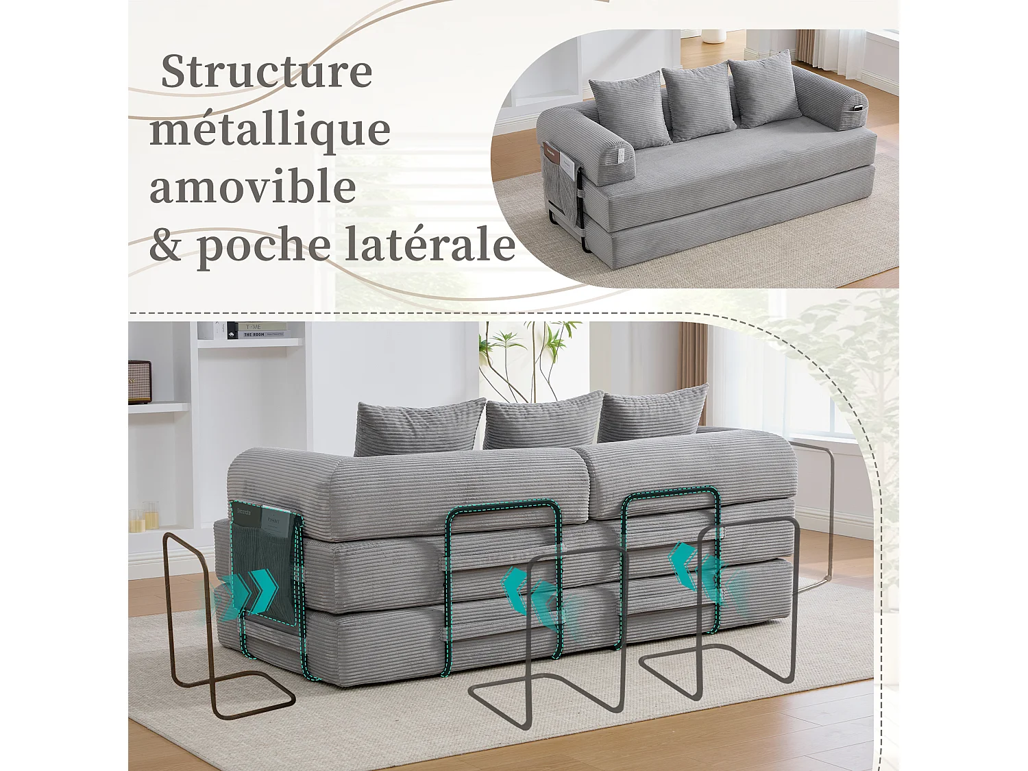 kaleido 2.0 - Canapé Modulable en Velours Côtelé - Cadre Métallique Externe - Poches de Rangement et 3 Coussins Inclus - Gris Clair - Idéal pour Salon, Appartement
