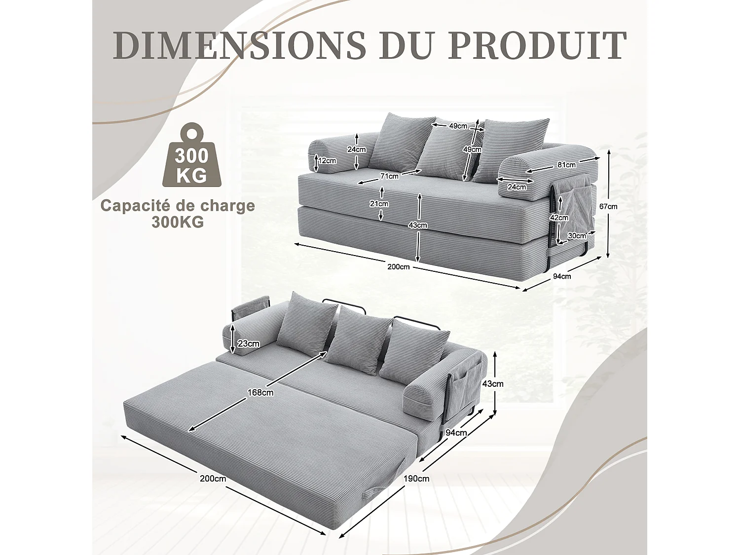 kaleido 2.0 - Canapé Modulable en Velours Côtelé - Cadre Métallique Externe - Poches de Rangement et 3 Coussins Inclus - Gris Clair - Idéal pour Salon, Appartement