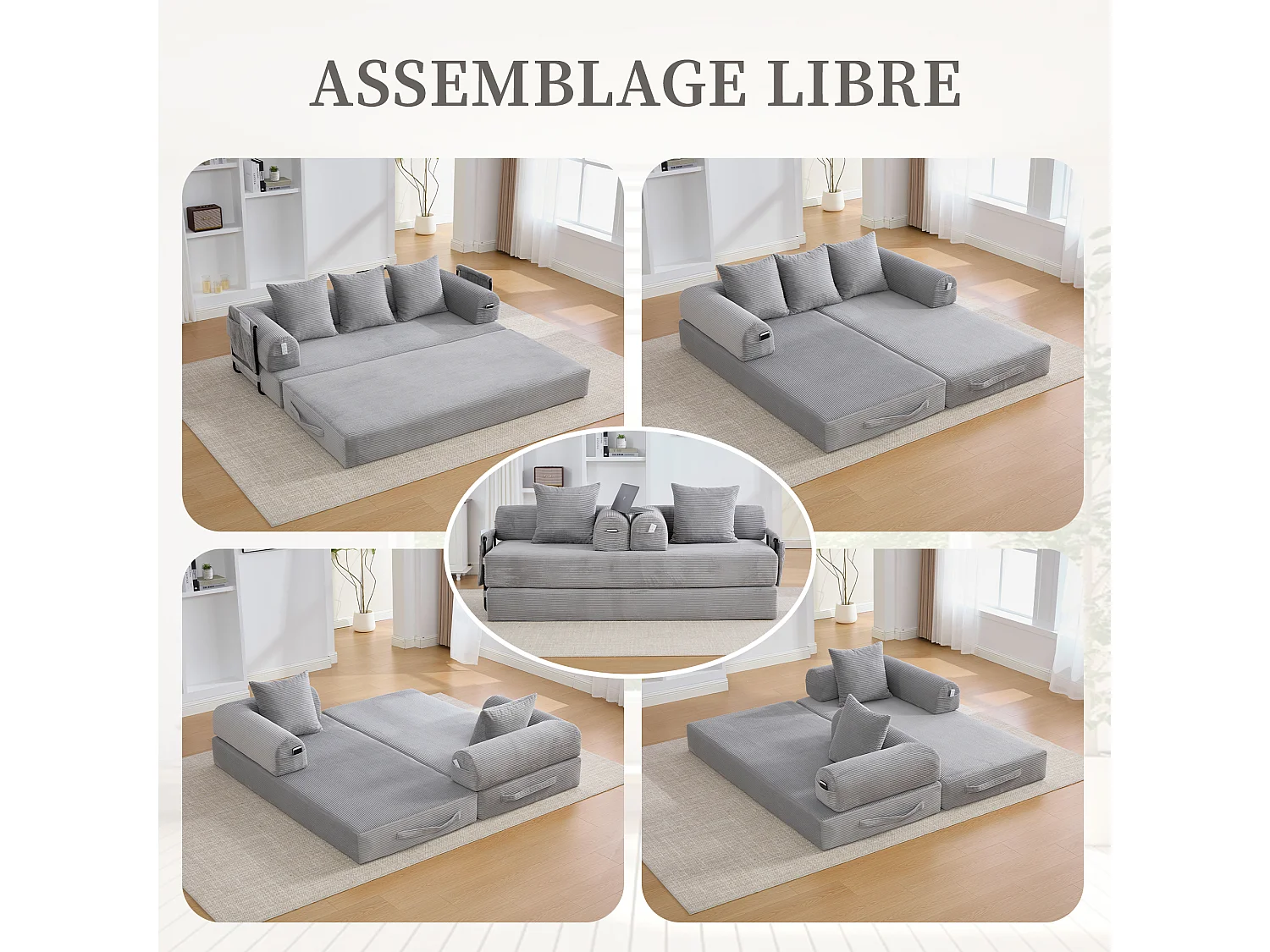 kaleido 2.0 - Canapé Modulable en Velours Côtelé - Cadre Métallique Externe - Poches de Rangement et 3 Coussins Inclus - Gris Clair - Idéal pour Salon, Appartement