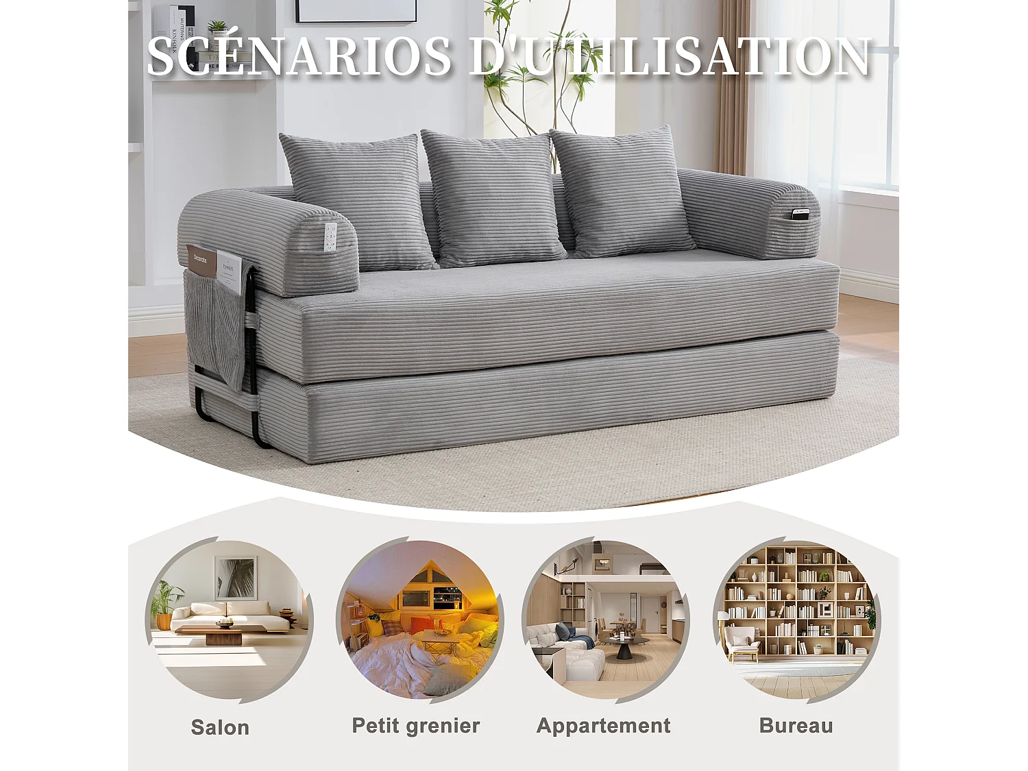 kaleido 2.0 - Canapé Modulable en Velours Côtelé - Cadre Métallique Externe - Poches de Rangement et 3 Coussins Inclus - Gris Clair - Idéal pour Salon, Appartement