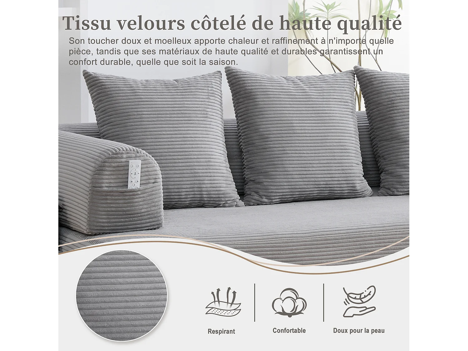 kaleido 2.0 - Canapé Modulable en Velours Côtelé - Cadre Métallique Externe - Poches de Rangement et 3 Coussins Inclus - Gris Clair - Idéal pour Salon, Appartement