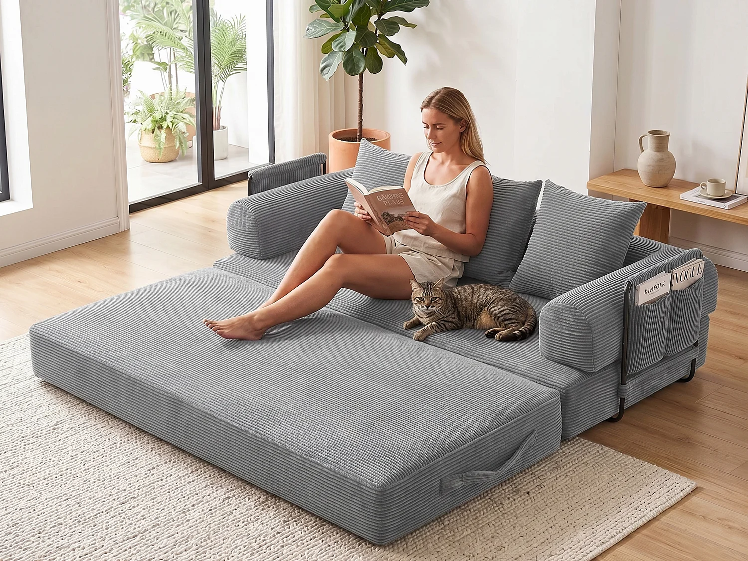 kaleido 2.0 - Canapé Modulable en Velours Côtelé - Cadre Métallique Externe - Poches de Rangement et 3 Coussins Inclus - Gris Clair - Idéal pour Salon, Appartement