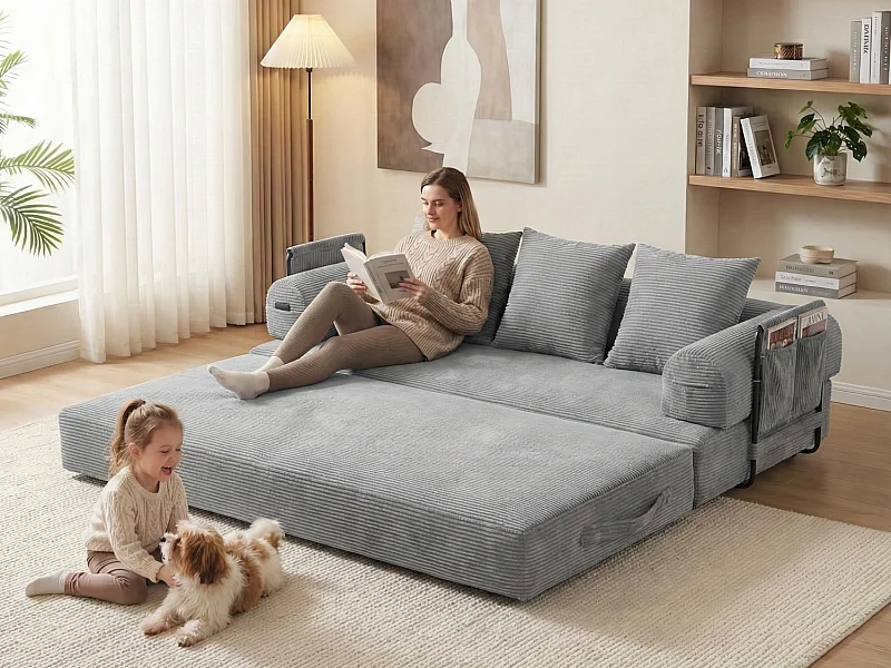 kaleido 2.0 - Canapé Modulable en Velours Côtelé - Cadre Métallique Externe - Poches de Rangement et 3 Coussins Inclus - Gris Clair - Idéal pour Salon, Appartement