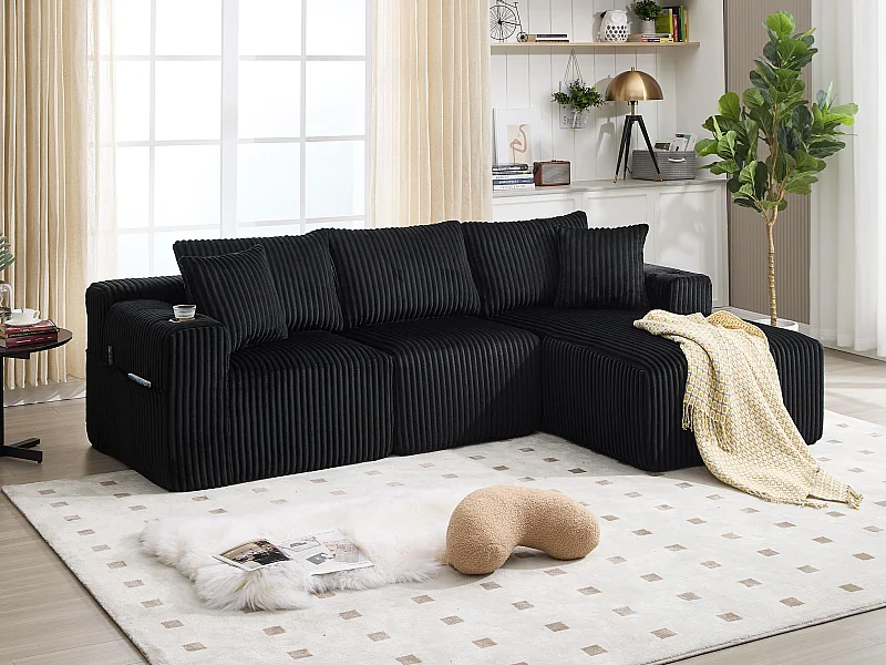 Canapé modulable 3 places - 5 coussins inclus - Porte-gobelets et poches latérales - Convertible en canapé d'angle - Noir - Idéal salon et studio