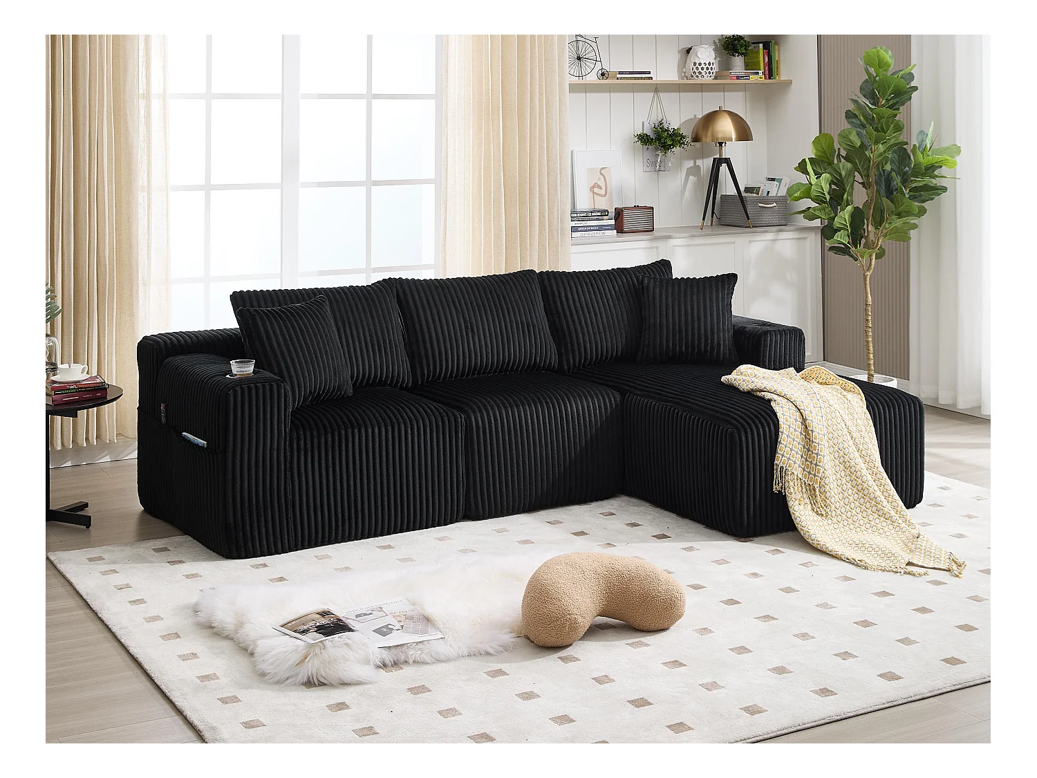 Canapé modulable 3 places - 5 coussins inclus - Porte-gobelets et poches latérales - Convertible en canapé d'angle - Noir - Idéal salon et studio