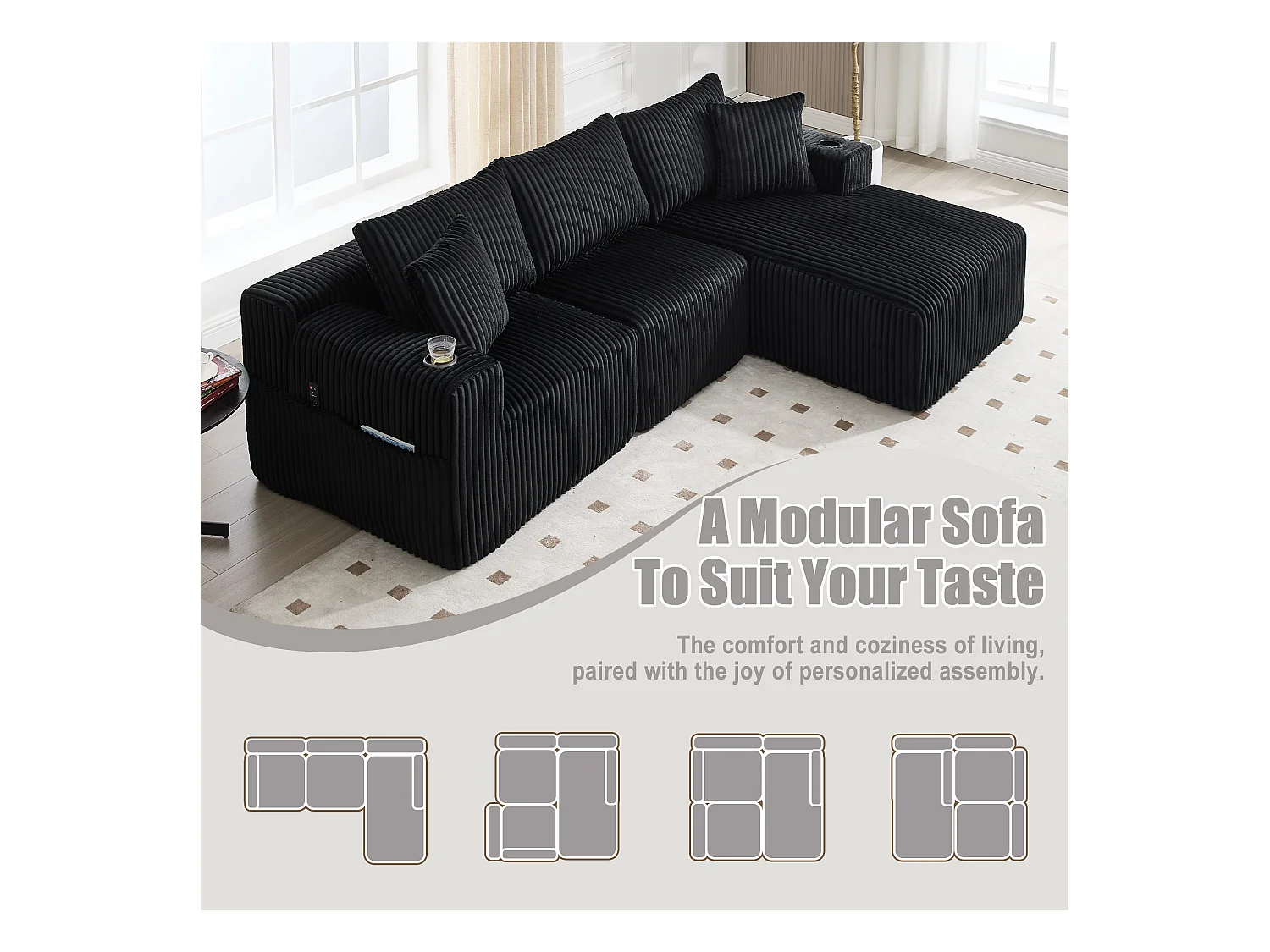 Canapé modulable 3 places - 5 coussins inclus - Porte-gobelets et poches latérales - Convertible en canapé d'angle - Noir - Idéal salon et studio