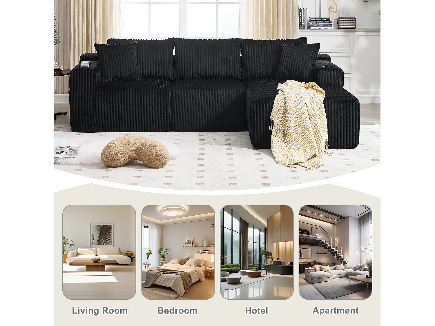 Canapé modulable 3 places - 5 coussins inclus - Porte-gobelets et poches latérales - Convertible en canapé d'angle - Noir - Idéal salon et studio