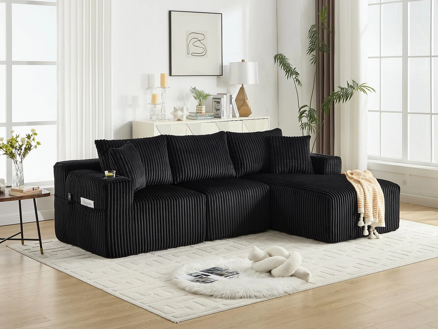 3-zits modulaire bank - Inclusief 5 kussens - Bekerhouders en zijvakken - Omvormbaar tot hoekbank - Ideaal voor woonkamer en studio