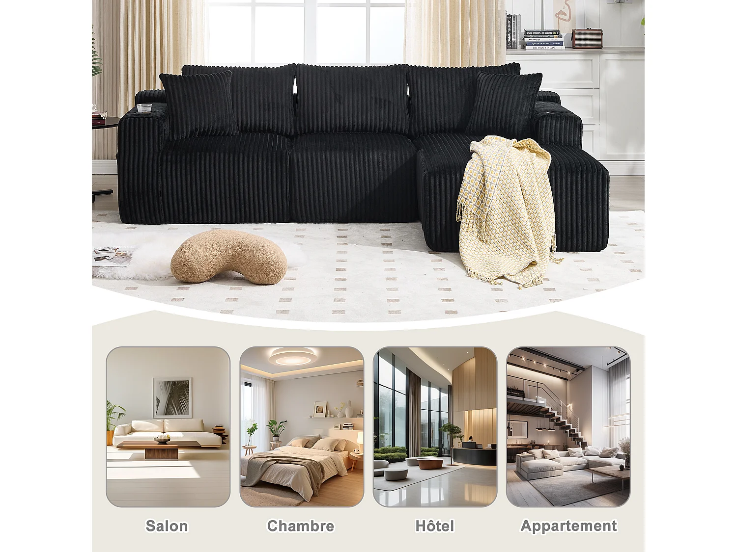 3-zits modulaire bank - Inclusief 5 kussens - Bekerhouders en zijvakken - Omvormbaar tot hoekbank - Ideaal voor woonkamer en studio