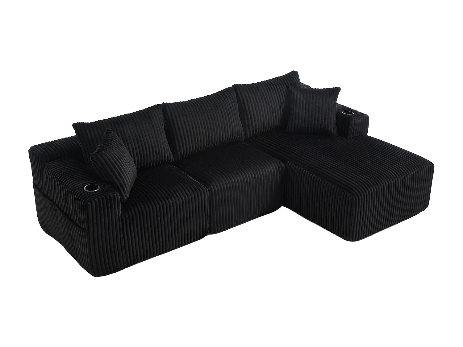 Canapé modulable 3 places - 5 coussins inclus - Porte-gobelets et poches latérales - Convertible en canapé d'angle - Noir - Idéal salon et studio