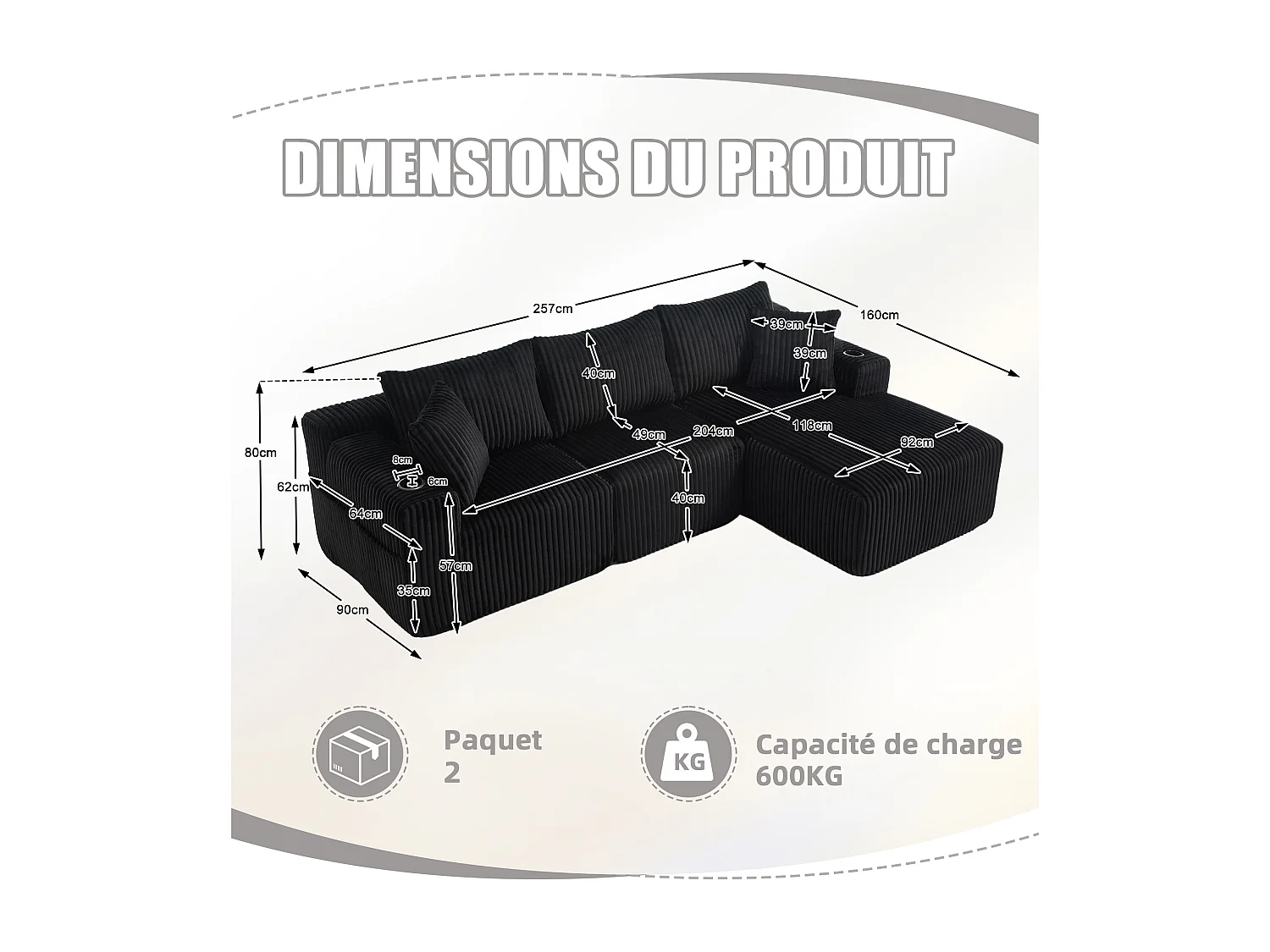 Canapé modulable 3 places - 5 coussins inclus - Porte-gobelets et poches latérales - Convertible en canapé d'angle - Noir - Idéal salon et studio