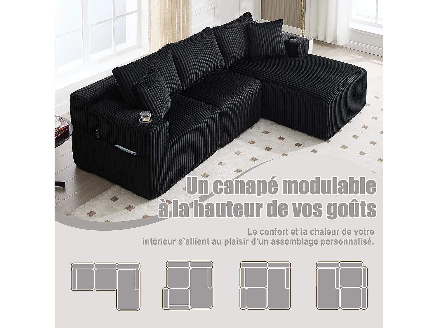 Canapé modulable 3 places - 5 coussins inclus - Porte-gobelets et poches latérales - Convertible en canapé d'angle - Noir - Idéal salon et studio