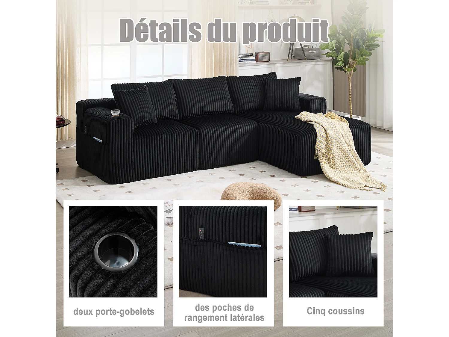 Canapé modulable 3 places - 5 coussins inclus - Porte-gobelets et poches latérales - Convertible en canapé d'angle - Noir - Idéal salon et studio
