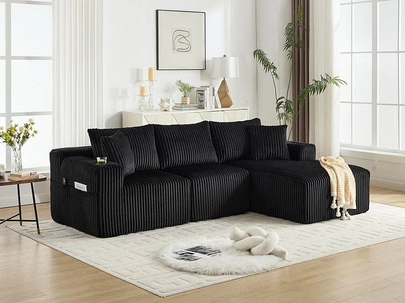 Canapé modulable 3 places - 5 coussins inclus - Porte-gobelets et poches latérales - Convertible en canapé d'angle - Noir - Idéal salon et studio