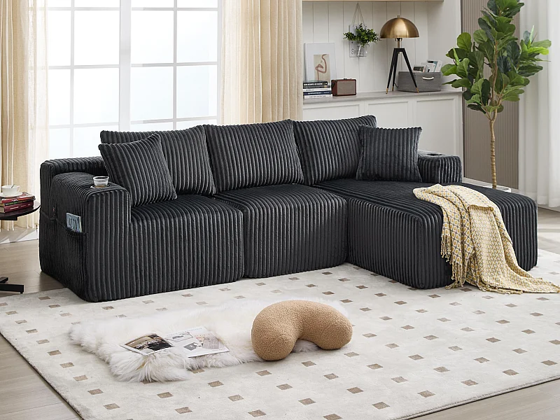 Canapé modulable 3 places - 5 coussins inclus - Porte-gobelets et poches latérales - Convertible en canapé d'angle - Gris - Idéal salon et studio