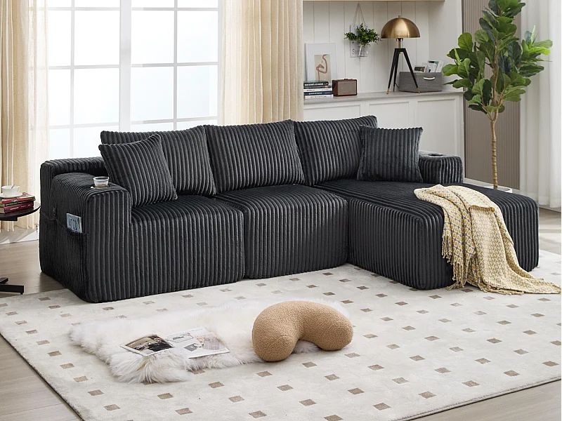 Canapé modulable 3 places - 5 coussins inclus - Porte-gobelets et poches latérales - Convertible en canapé d'angle - Gris - Idéal salon et studio