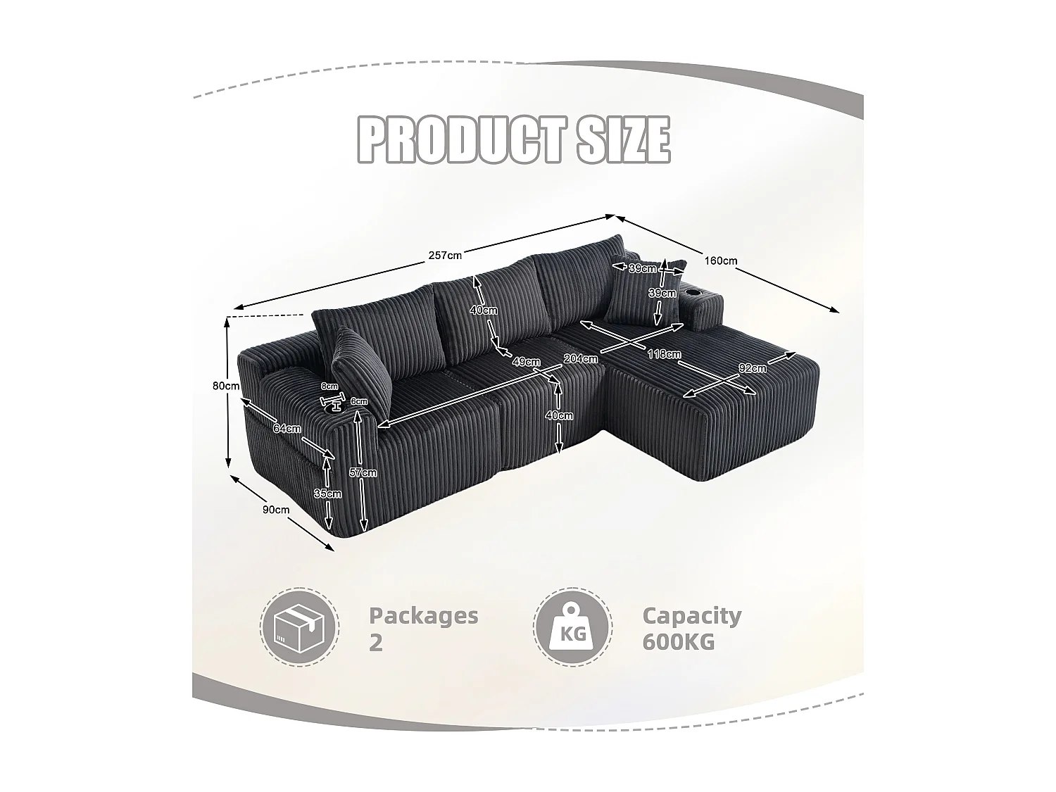 Canapé modulable 3 places - 5 coussins inclus - Porte-gobelets et poches latérales - Convertible en canapé d'angle - Gris - Idéal salon et studio