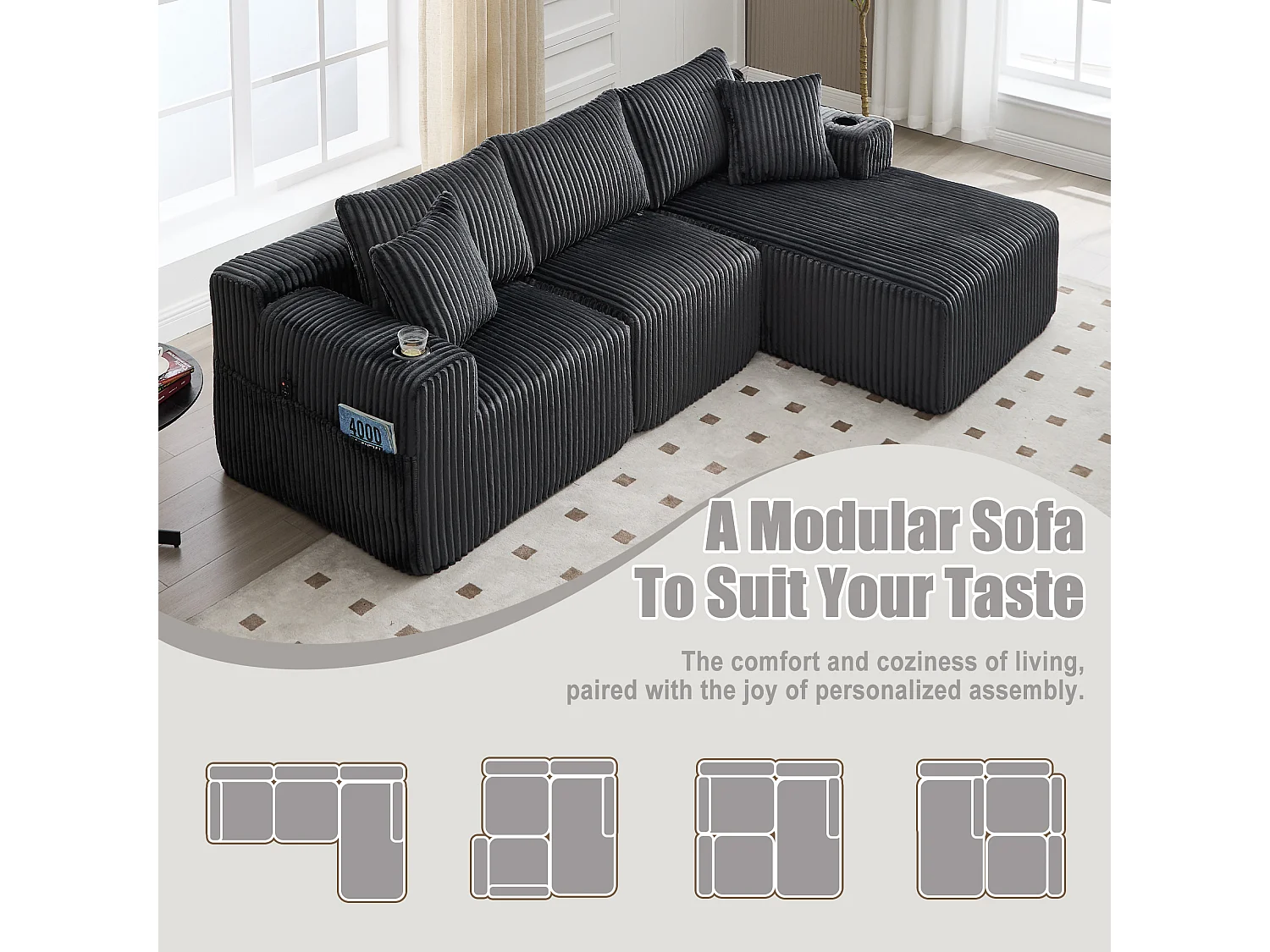 Canapé modulable 3 places - 5 coussins inclus - Porte-gobelets et poches latérales - Convertible en canapé d'angle - Gris - Idéal salon et studio