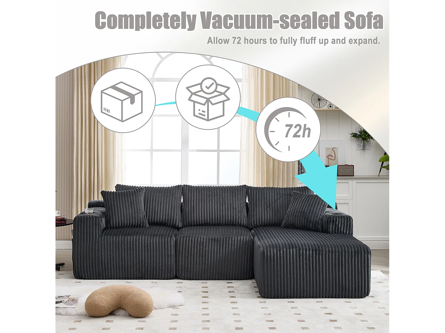 Canapé modulable 3 places - 5 coussins inclus - Porte-gobelets et poches latérales - Convertible en canapé d'angle - Gris - Idéal salon et studio