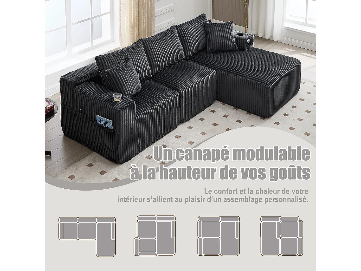 Canapé modulable 3 places - 5 coussins inclus - Porte-gobelets et poches latérales - Convertible en canapé d'angle - Gris - Idéal salon et studio