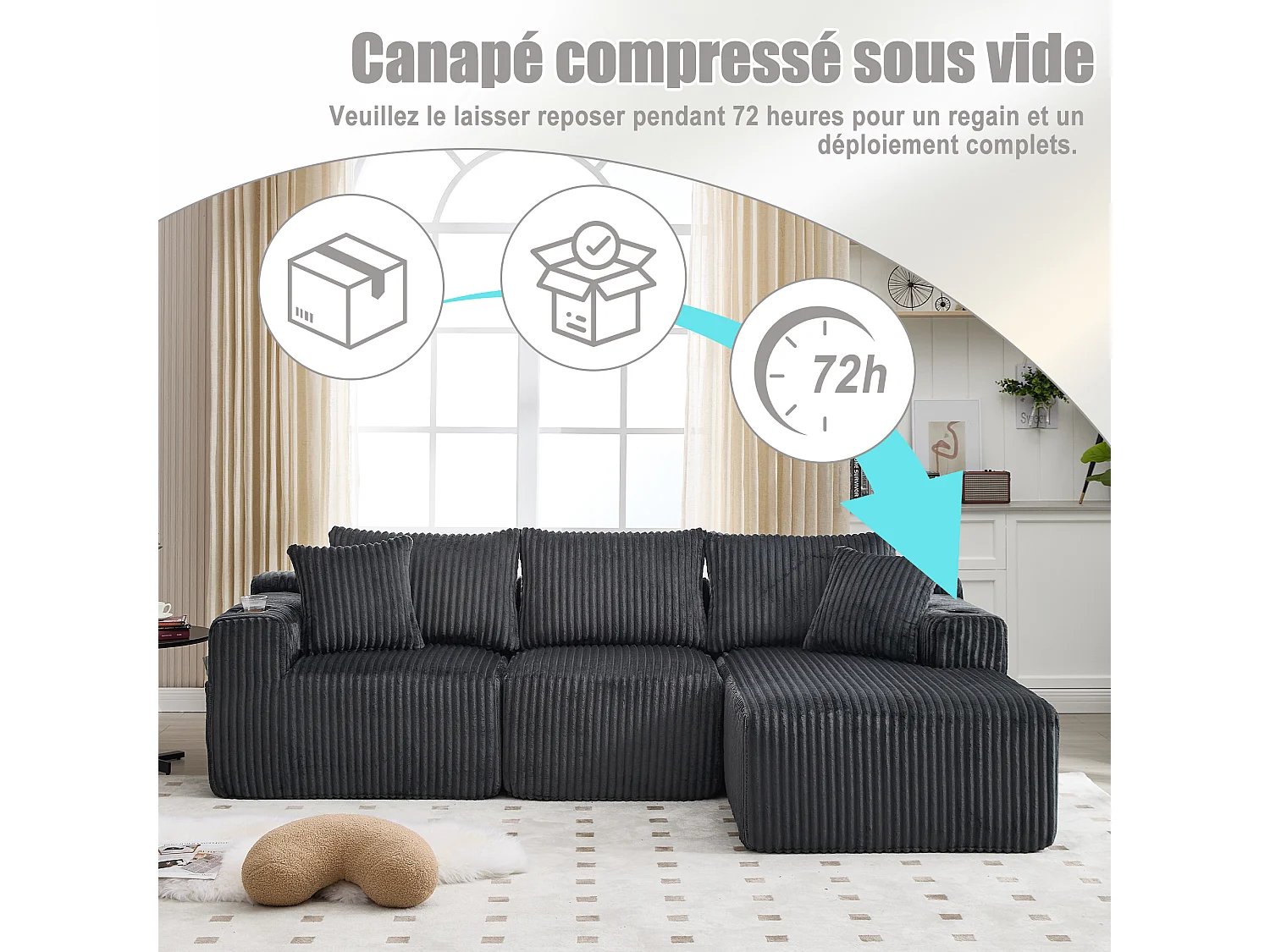 Canapé modulable 3 places - 5 coussins inclus - Porte-gobelets et poches latérales - Convertible en canapé d'angle - Gris - Idéal salon et studio