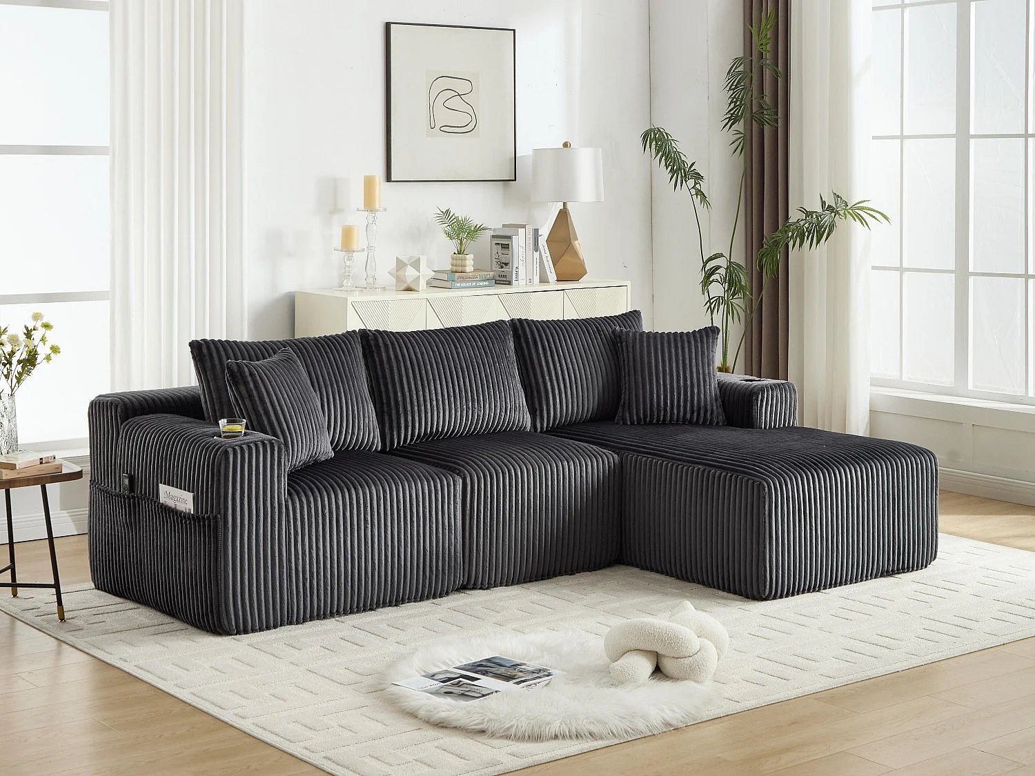 Canapé modulable 3 places - 5 coussins inclus - Porte-gobelets et poches latérales - Convertible en canapé d'angle - Gris - Idéal salon et studio