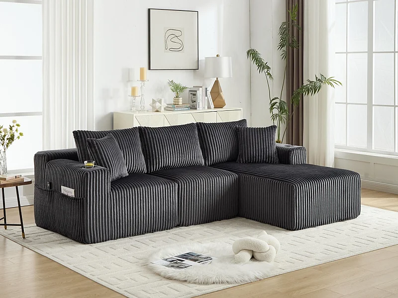 3-zits modulaire bank - Inclusief 5 kussens - Bekerhouders en zijvakken - Omvormbaar tot hoekbank - Ideaal voor woonkamer en studio