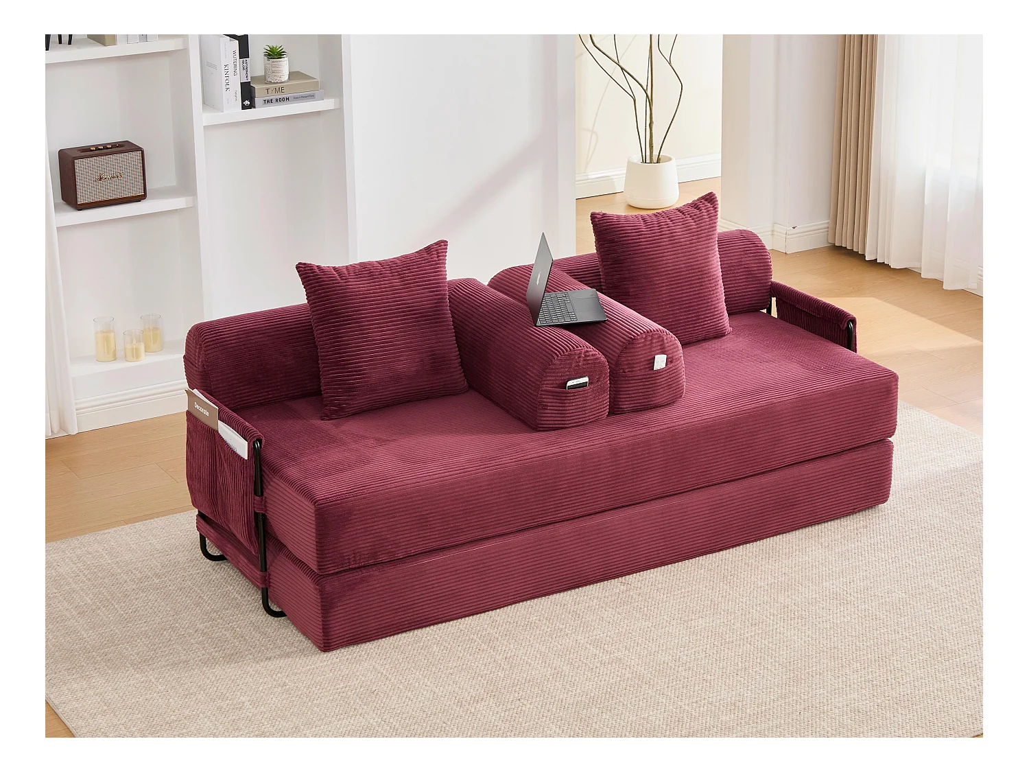 Kaleido 2.0 - Canapé Modulable en Velours Côtelé - Cadre Métallique Externe - Poches de Rangement et 3 Coussins Inclus - Fuchsia - Idéal pour Salon, Appartement