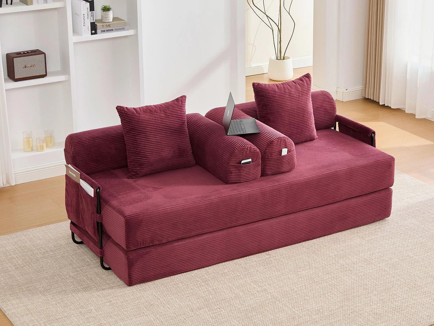 Kaleido 2.0 - Canapé Modulable en Velours Côtelé - Cadre Métallique Externe - Poches de Rangement et 3 Coussins Inclus - Fuchsia - Idéal pour Salon, Appartement