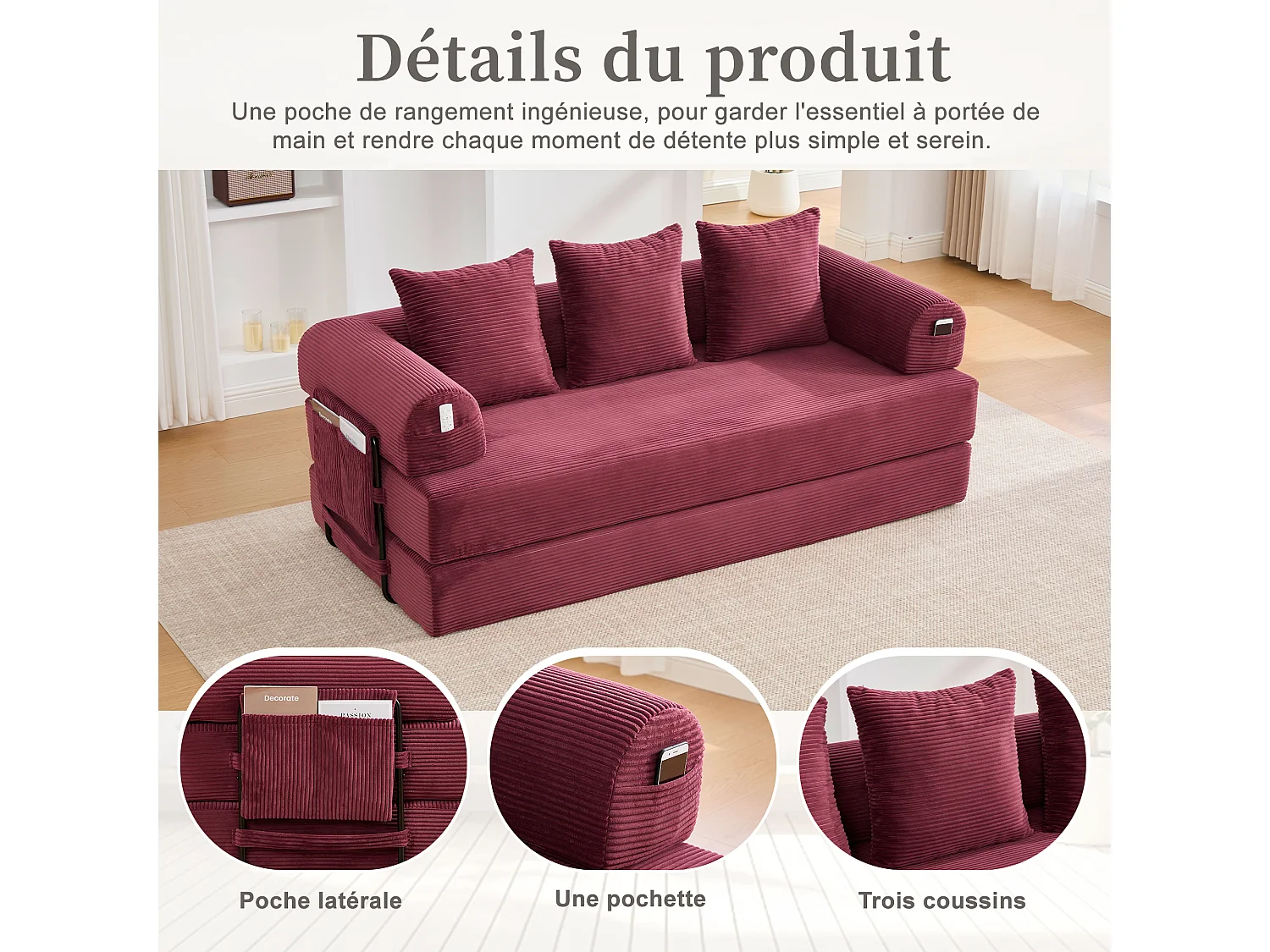 Kaleido 2.0 - Canapé Modulable en Velours Côtelé - Cadre Métallique Externe - Poches de Rangement et 3 Coussins Inclus - Fuchsia - Idéal pour Salon, Appartement