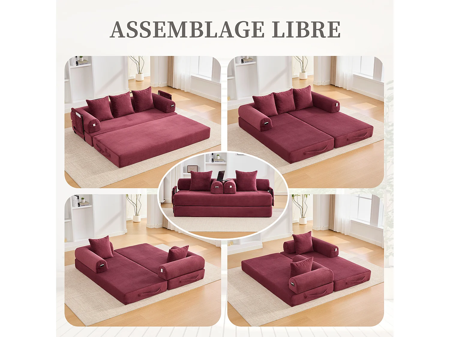 Kaleido 2.0 - Canapé Modulable en Velours Côtelé - Cadre Métallique Externe - Poches de Rangement et 3 Coussins Inclus - Fuchsia - Idéal pour Salon, Appartement