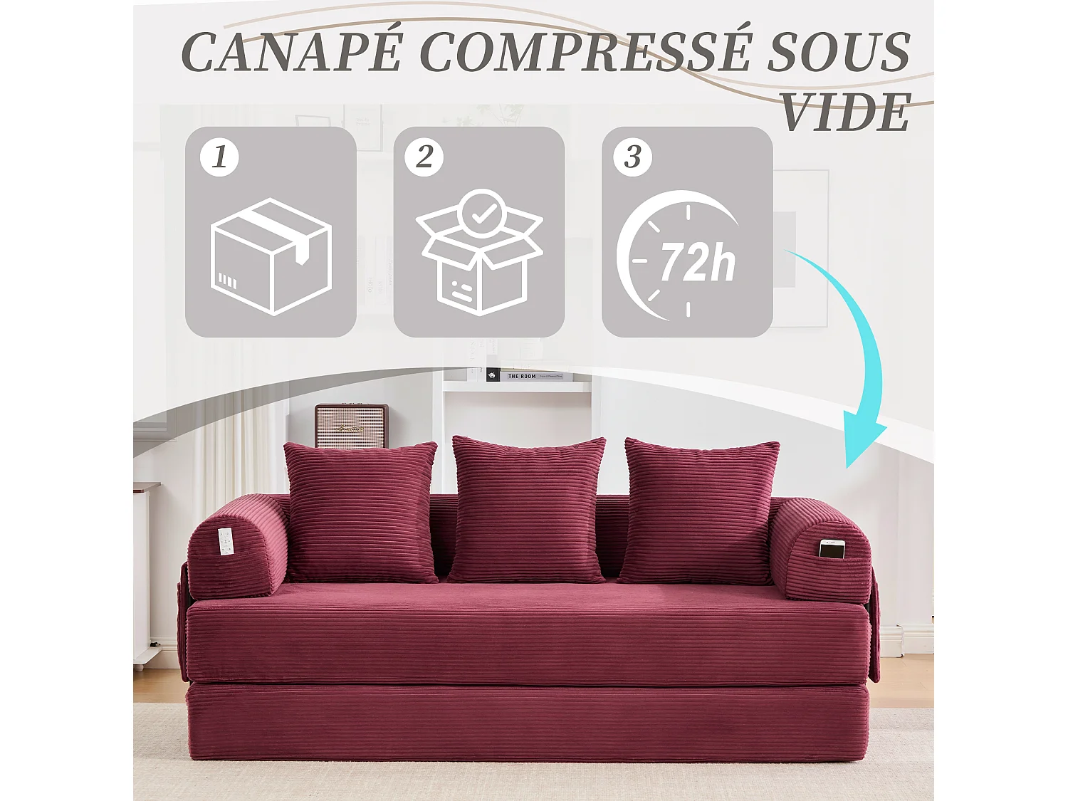 Kaleido 2.0 - Canapé Modulable en Velours Côtelé - Cadre Métallique Externe - Poches de Rangement et 3 Coussins Inclus - Fuchsia - Idéal pour Salon, Appartement