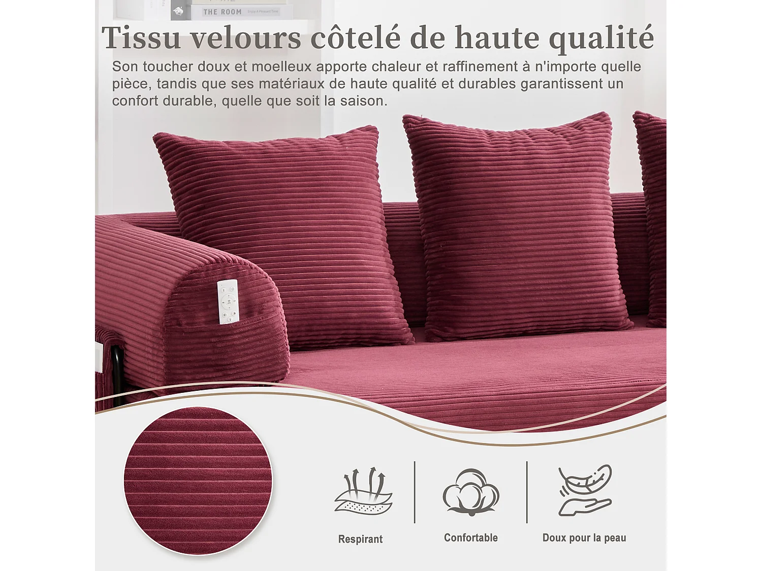 Kaleido 2.0 - Canapé Modulable en Velours Côtelé - Cadre Métallique Externe - Poches de Rangement et 3 Coussins Inclus - Fuchsia - Idéal pour Salon, Appartement