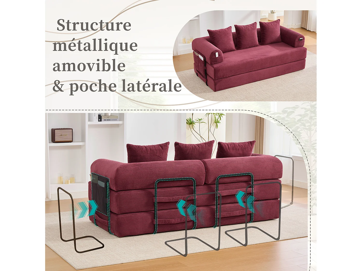 Kaleido 2.0 - Canapé Modulable en Velours Côtelé - Cadre Métallique Externe - Poches de Rangement et 3 Coussins Inclus - Fuchsia - Idéal pour Salon, Appartement