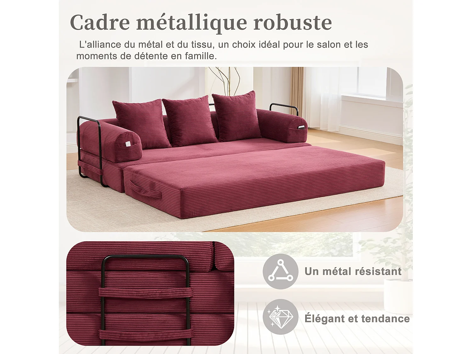 Kaleido 2.0 - Canapé Modulable en Velours Côtelé - Cadre Métallique Externe - Poches de Rangement et 3 Coussins Inclus - Fuchsia - Idéal pour Salon, Appartement
