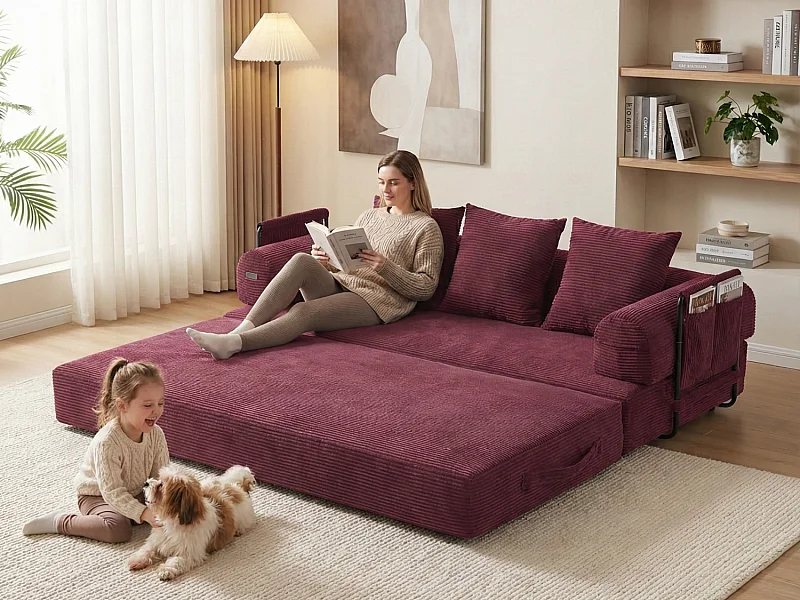 Kaleido 2.0 - Canapé Modulable en Velours Côtelé - Cadre Métallique Externe - Poches de Rangement et 3 Coussins Inclus - Fuchsia - Idéal pour Salon, Appartement