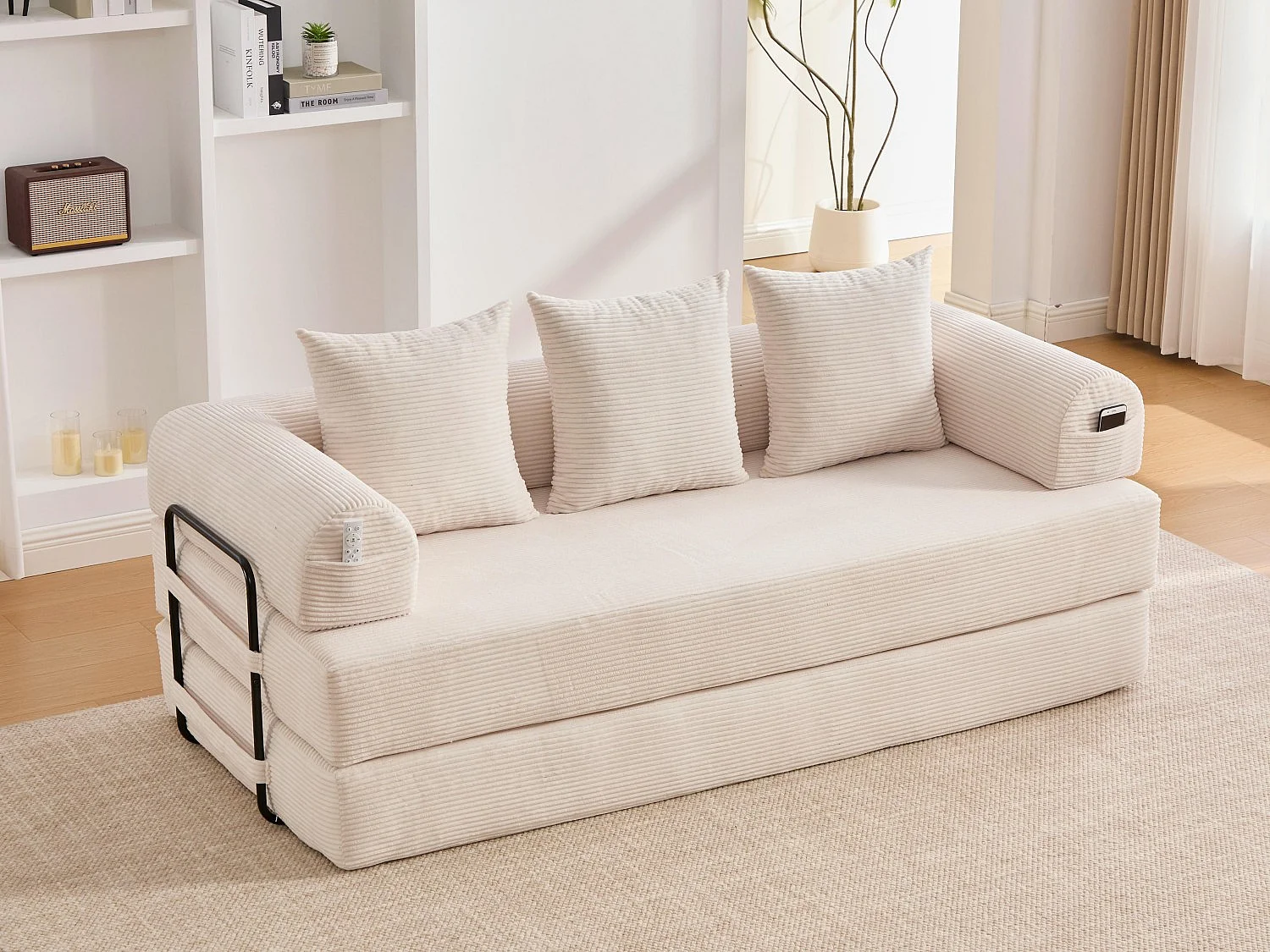 Kaleido 2.0 - Canapé Modulable en Velours Côtelé – Cadre Métallique Externe - Poches de Rangement et 3 Coussins Inclus - Beige – Idéal pour Salon, Appartement