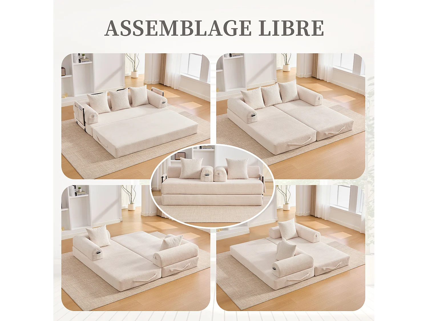 Kaleido 2.0 - Canapé Modulable en Velours Côtelé – Cadre Métallique Externe - Poches de Rangement et 3 Coussins Inclus - Beige – Idéal pour Salon, Appartement