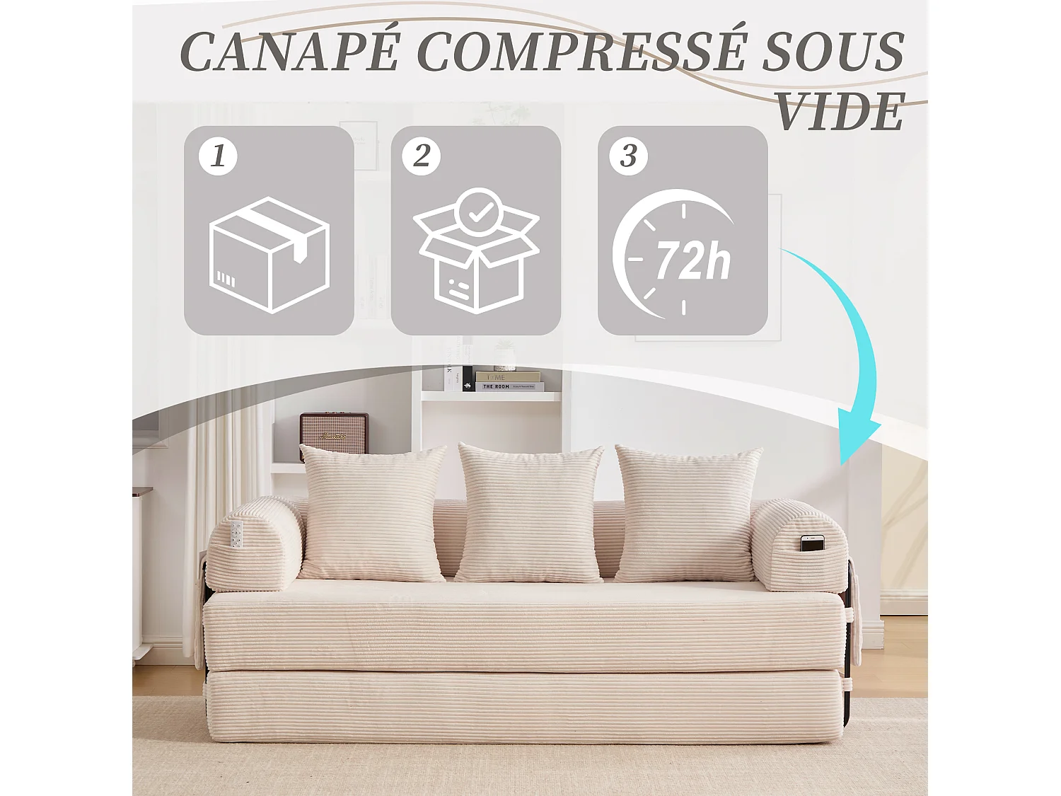Kaleido 2.0 - Canapé Modulable en Velours Côtelé – Cadre Métallique Externe - Poches de Rangement et 3 Coussins Inclus - Beige – Idéal pour Salon, Appartement