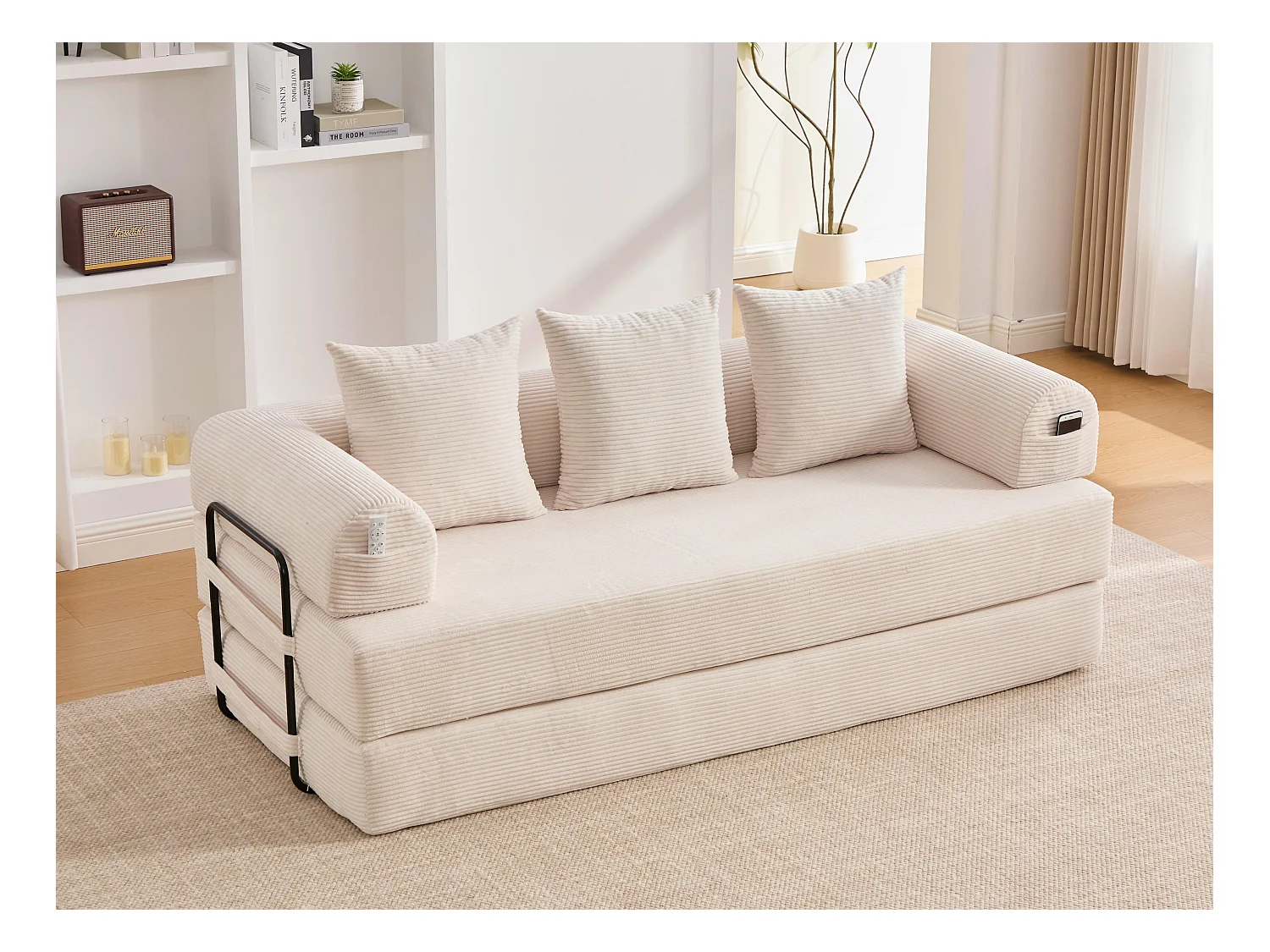 Kaleido 2.0 - Canapé Modulable en Velours Côtelé – Cadre Métallique Externe - Poches de Rangement et 3 Coussins Inclus - Beige – Idéal pour Salon, Appartement