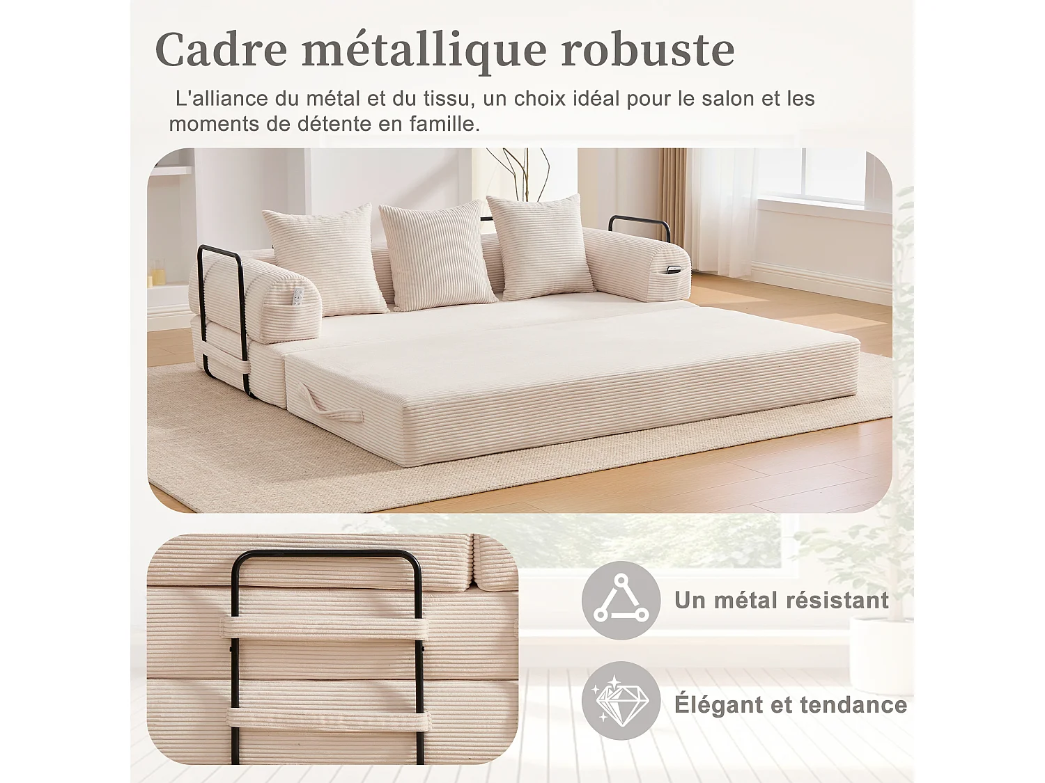 Kaleido 2.0 - Modulaire Corduroy Bank - Extern Metalen Frame - Opbergvakken en 3 Kussens Inbegrepen - Ideaal voor Woonkamer, Appartement