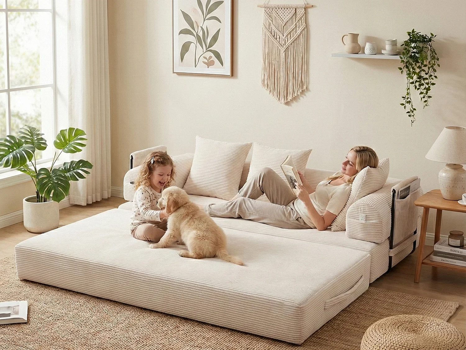 Kaleido 2.0 - Canapé Modulable en Velours Côtelé – Cadre Métallique Externe - Poches de Rangement et 3 Coussins Inclus - Beige – Idéal pour Salon, Appartement