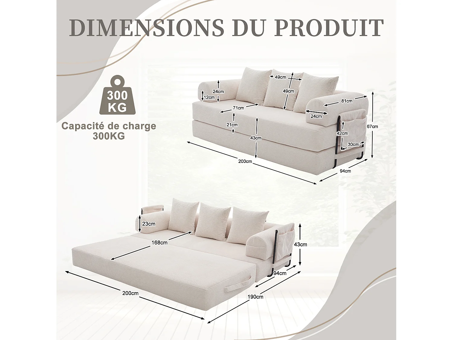 Kaleido 2.0 - Canapé Modulable en Velours Côtelé – Cadre Métallique Externe - Poches de Rangement et 3 Coussins Inclus - Beige – Idéal pour Salon, Appartement