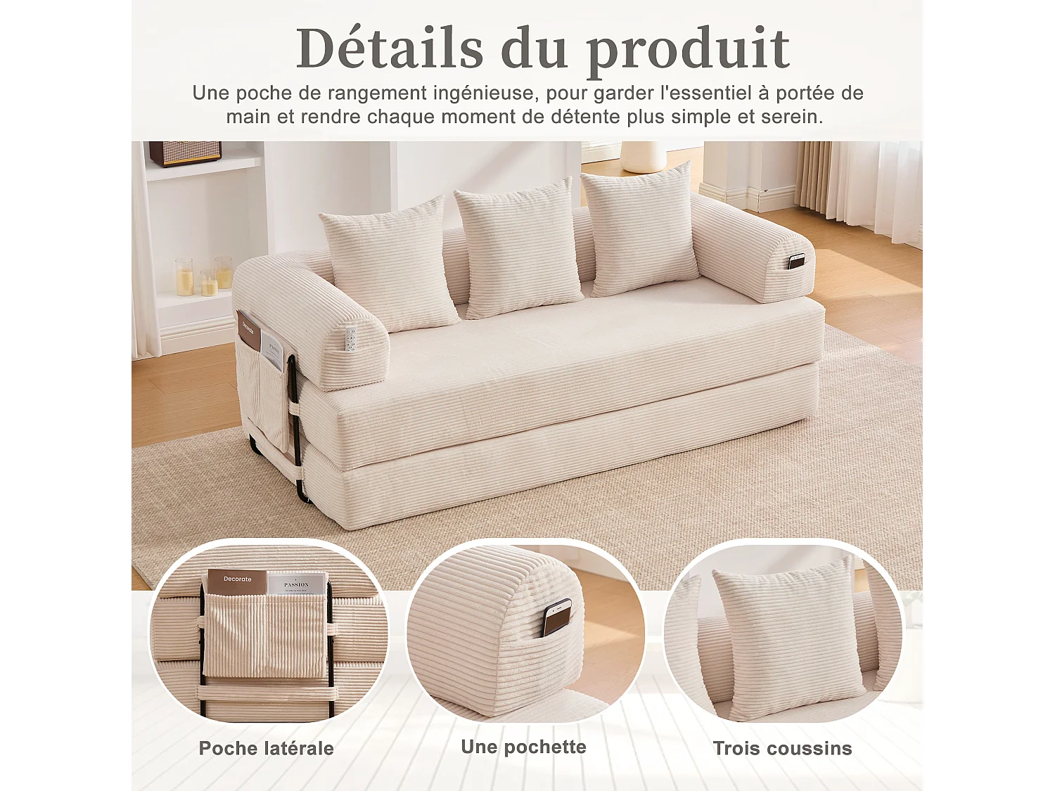 Kaleido 2.0 - Canapé Modulable en Velours Côtelé – Cadre Métallique Externe - Poches de Rangement et 3 Coussins Inclus - Beige – Idéal pour Salon, Appartement